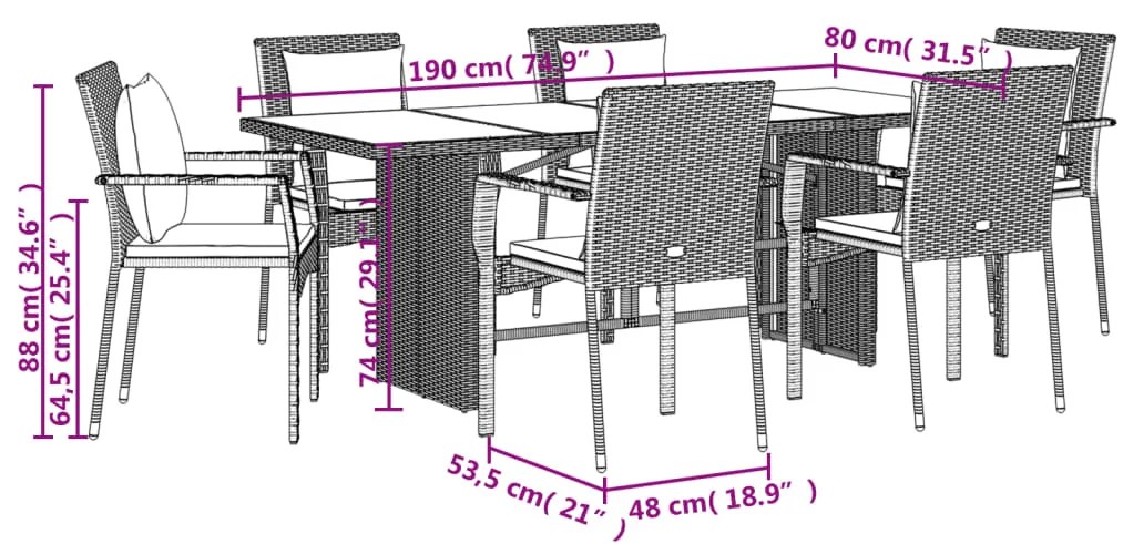 9 pcs conjunto de jantar p/ jardim c/ almofadões vime PE cinza