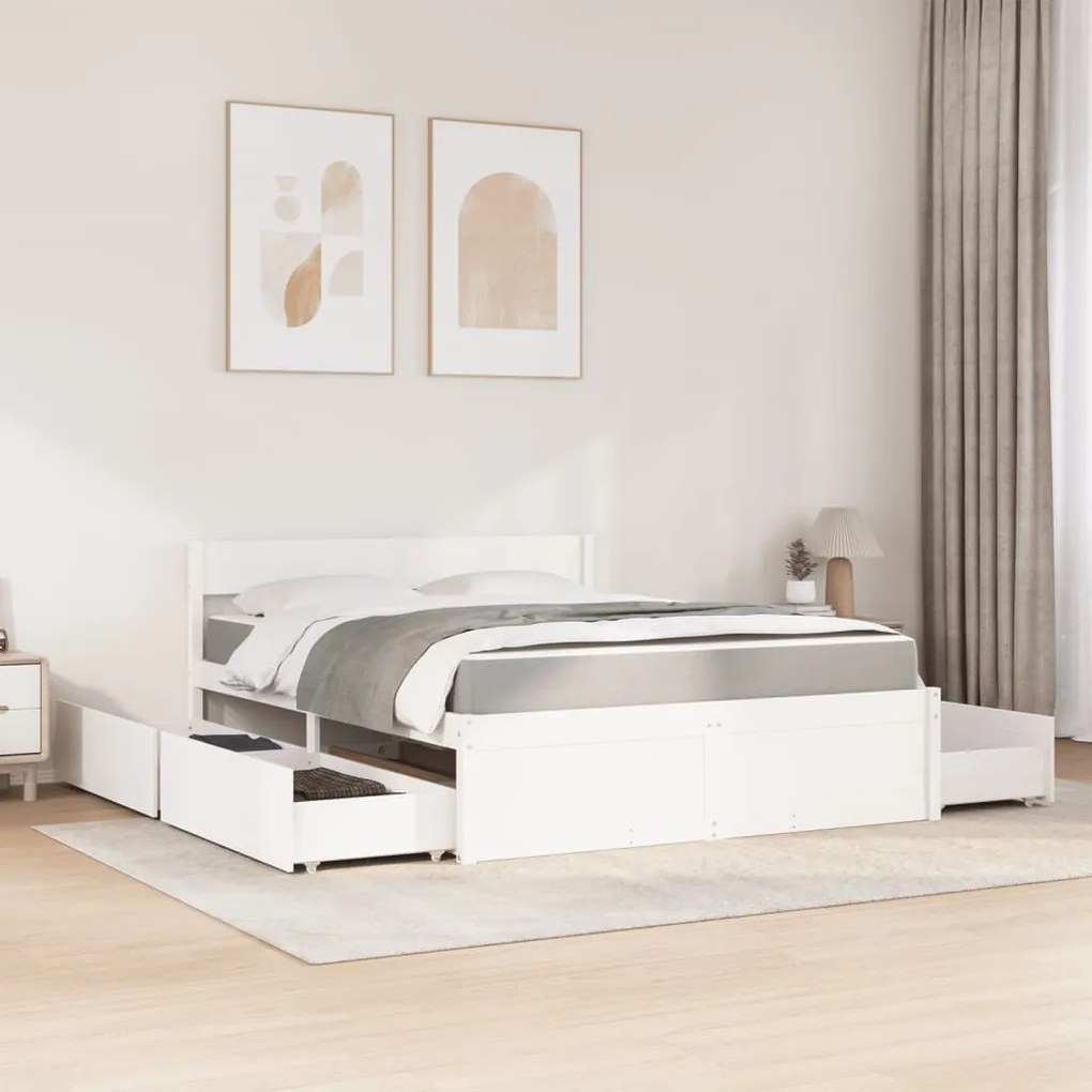 Cama com gavetas e colchão 160x200 cm pinho maciço branco