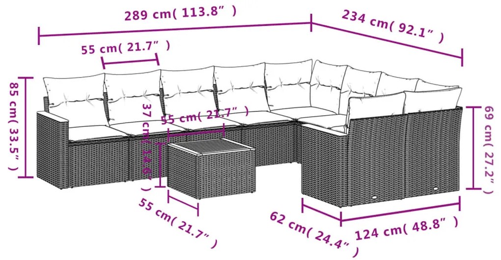 10 pcs conjunto de sofás p/ jardim com almofadões vime PE bege