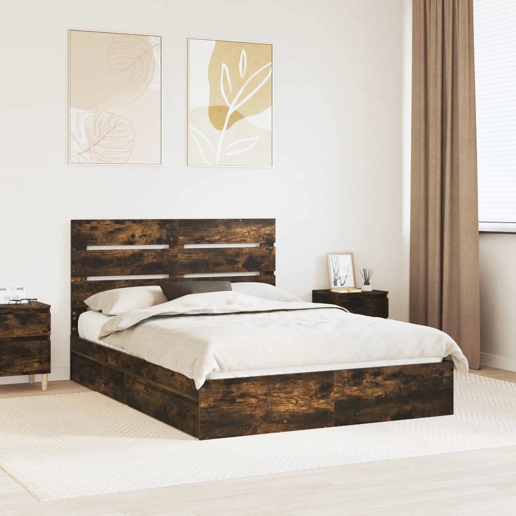 vidaXL Cama com Armazenamento Carvalho Defumado 140 x 190 cm