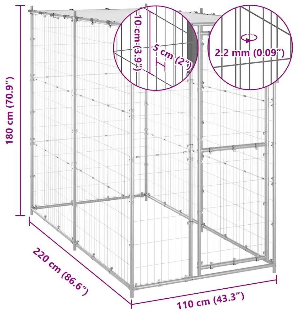 Canil de exterior com telhado 110x220x180 cm aço galvanizado