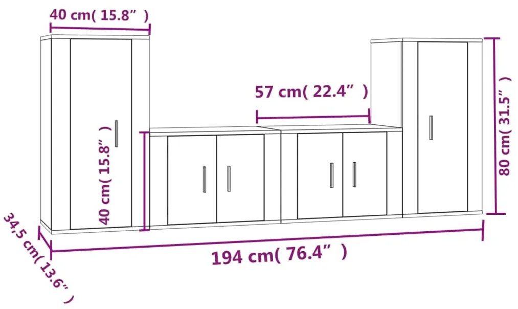 4 pcs conjunto móveis de TV madeira processada branco brilhante