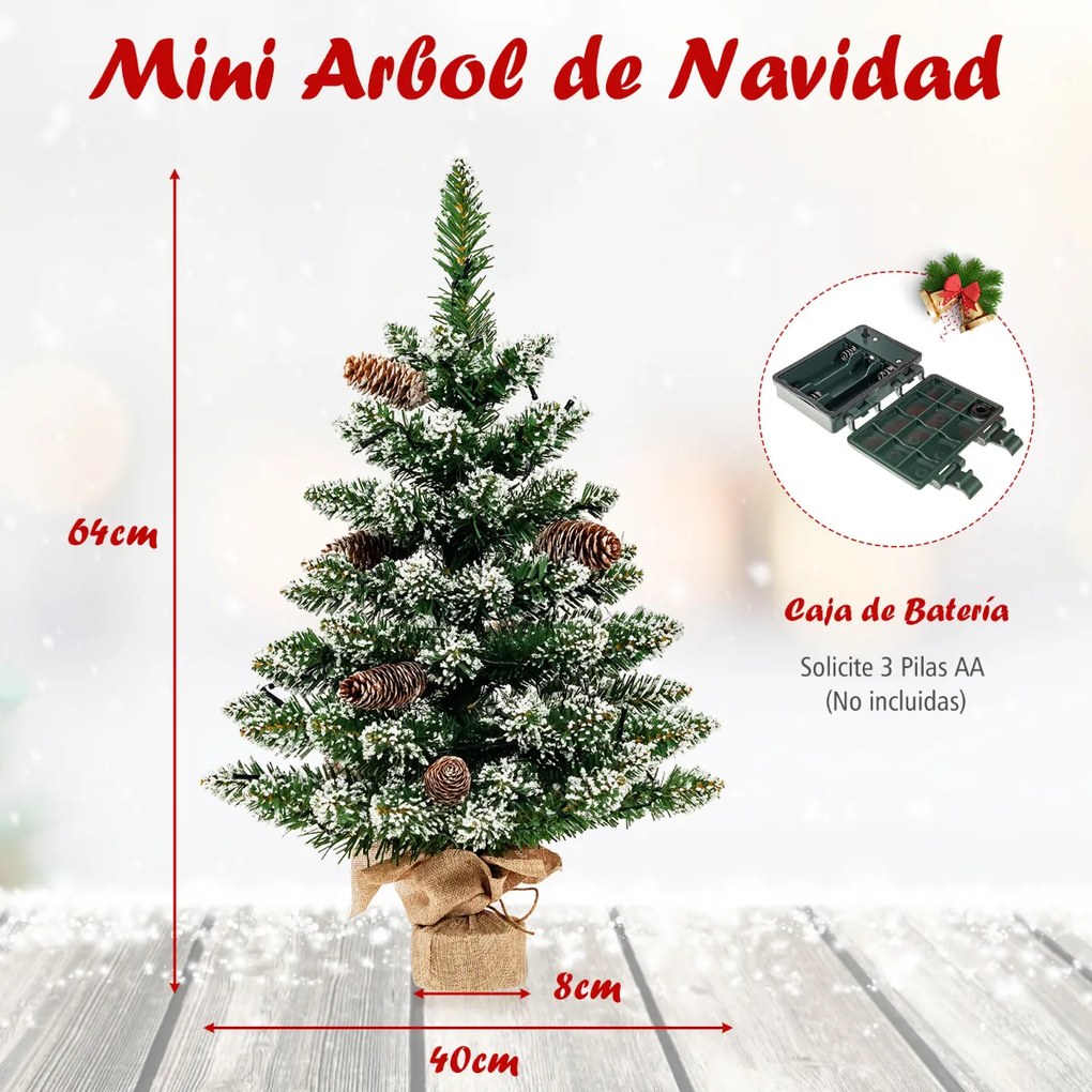 Mini Árvore de Natal de mesa 64 cm Pré-iluminada com 50 Luzes LED 8 Pinhas e Base verde