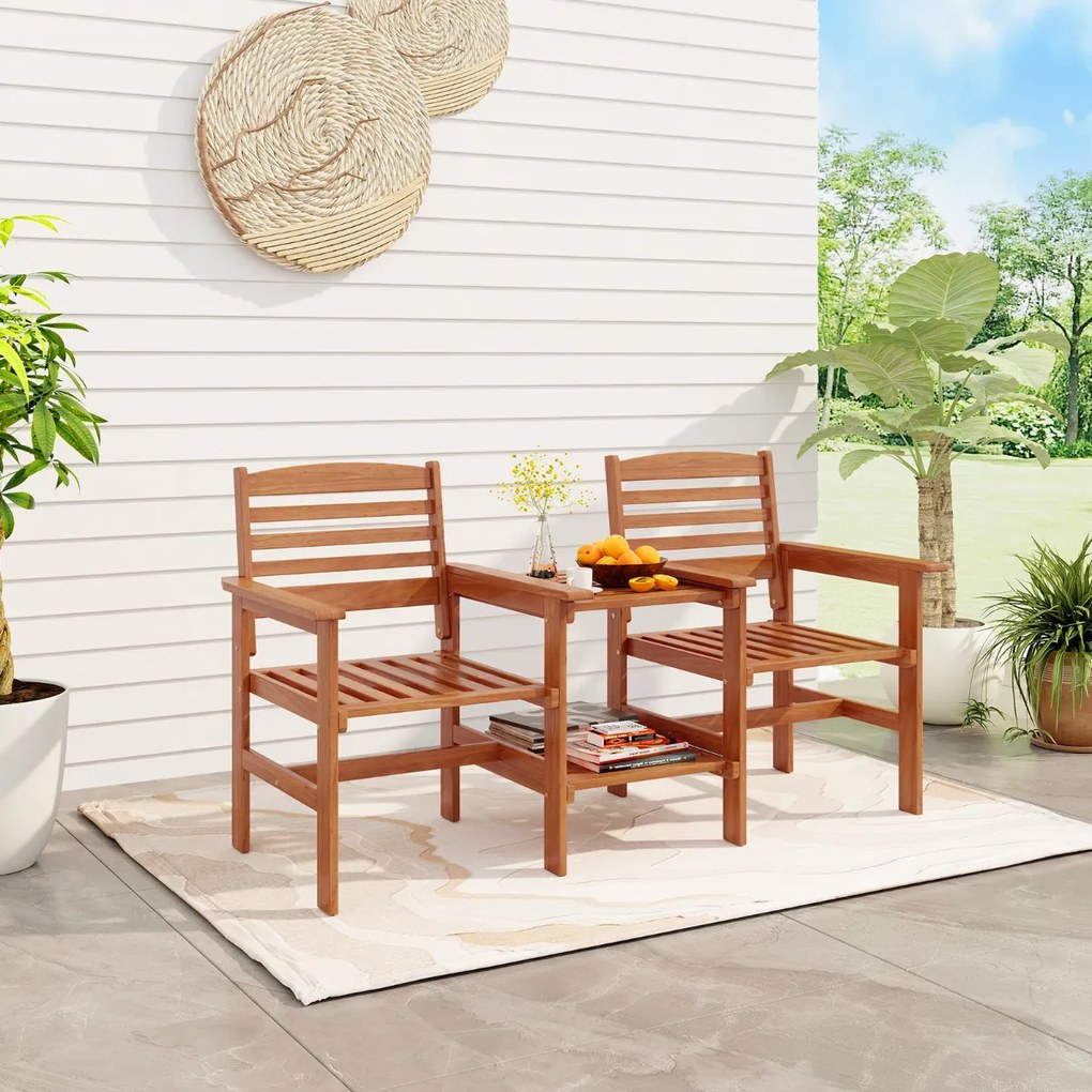 Sofá de jardim de 2 lugares com mesa de café em madeira com orifício para guarda-sol para jardim, piscina, varanda, terraço Castanho