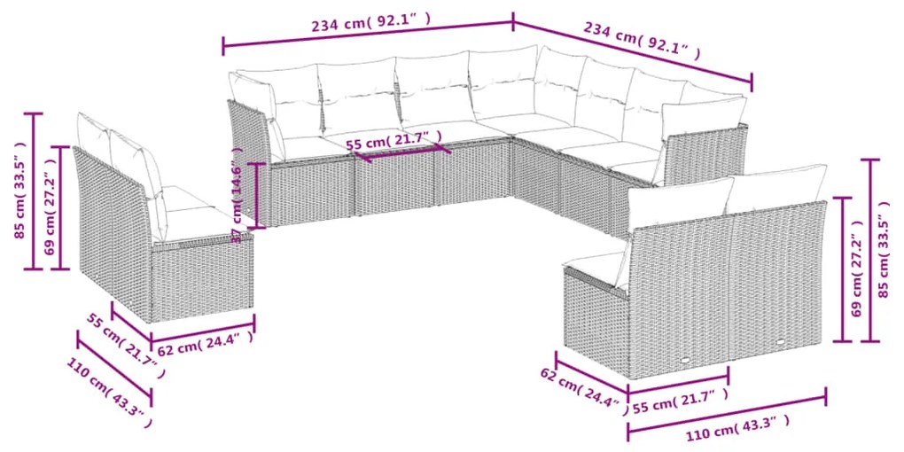 11 pcs conjunto sofás de jardim c/ almofadões vime PE cinzento