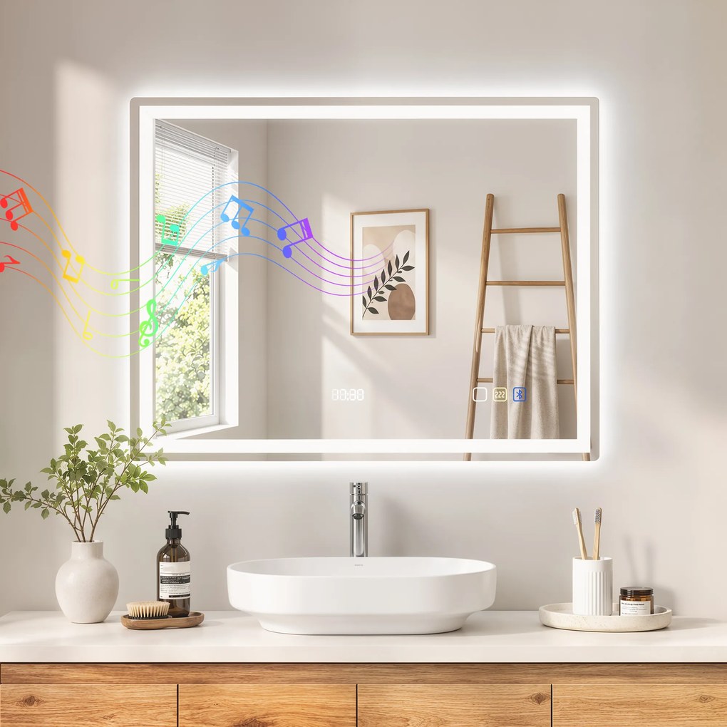 Espelho de Casa de Banho LED Bluetooth, 90 x 3,5 x 70 cm, Antiembaciamento, Prateado