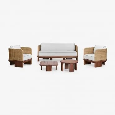 Conjunto De Sala De Estar Com Sofá De 3 Lugares, 2 Poltronas E 2 Mesas De Centro Em Vime E Madeira De Acácia Famara Castanho Acácia - Sklum