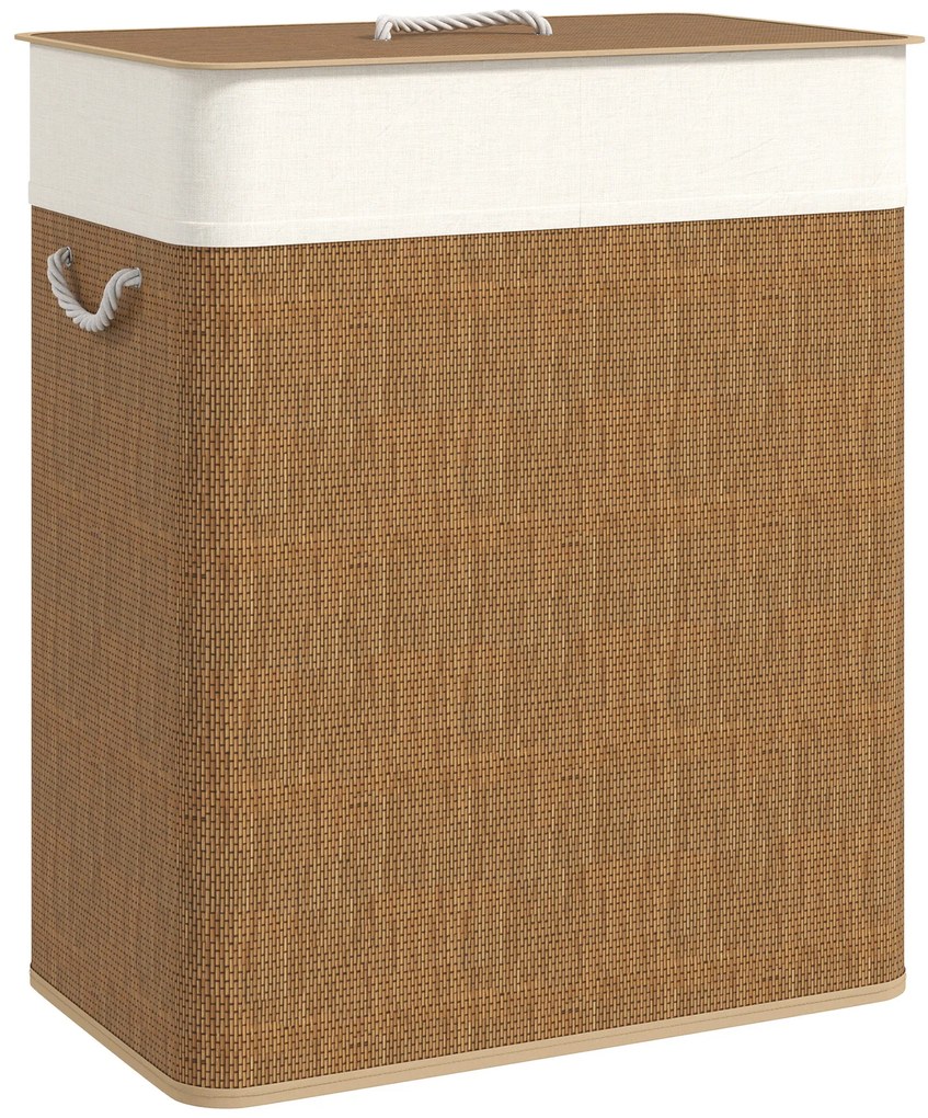 HOMCOM Cesto de Roupa com Tampa 100L de Bambu com 2 Compartimentos Bolsa Interior Amóvivel 52x32x63 cm Marrom e Creme | Aosom Portugal