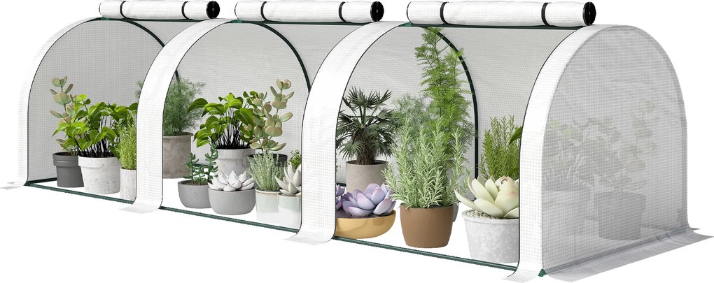 Mini-estufa de jardim para tomates 295 C x 100 L x 80 A cm Aço PE de alta densidade 140 g/m² Anti-UV 3 janelas Branca
