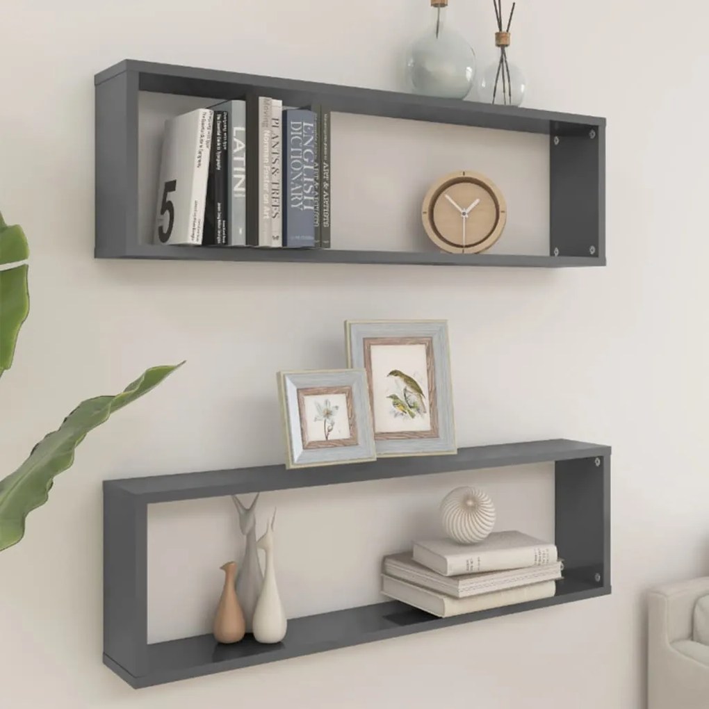 vidaXL Estantes de parede cúbicas 2pcs contr. 100x15x30cm cinza brilh.