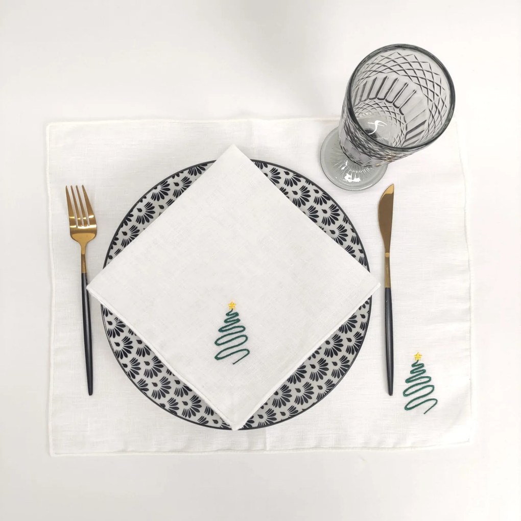 Individual/Guardanapo Linho Of Rolinho Green Christmas Tree White