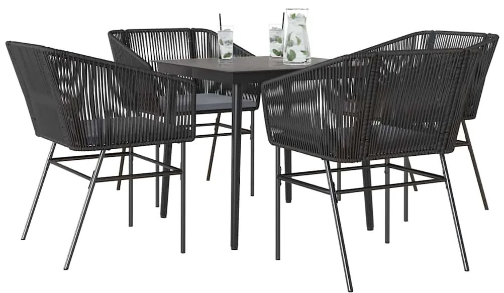 Conjunto de jantar jardim 5 peças almofadas vidro vime PE preto