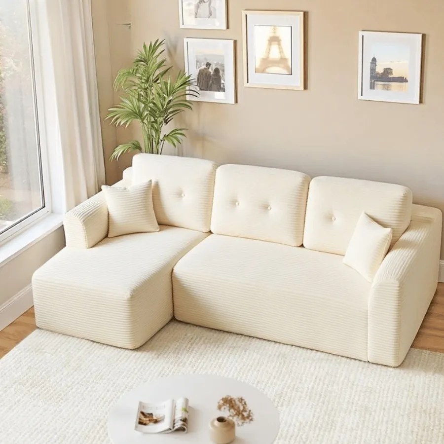 Sofá de canto sem Montagem modular 150 x 244 x 73 cm com chaise longue branco creme