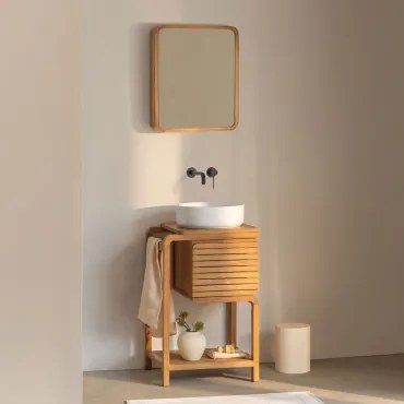 Conjunto De Móvel De Casa De Banho Em Madeira De Teca Bradley Cerâmica Redonda Branca Ø40 Cm Lenka & Preto Mate Embutido Com Válvula De Escoamento Sem