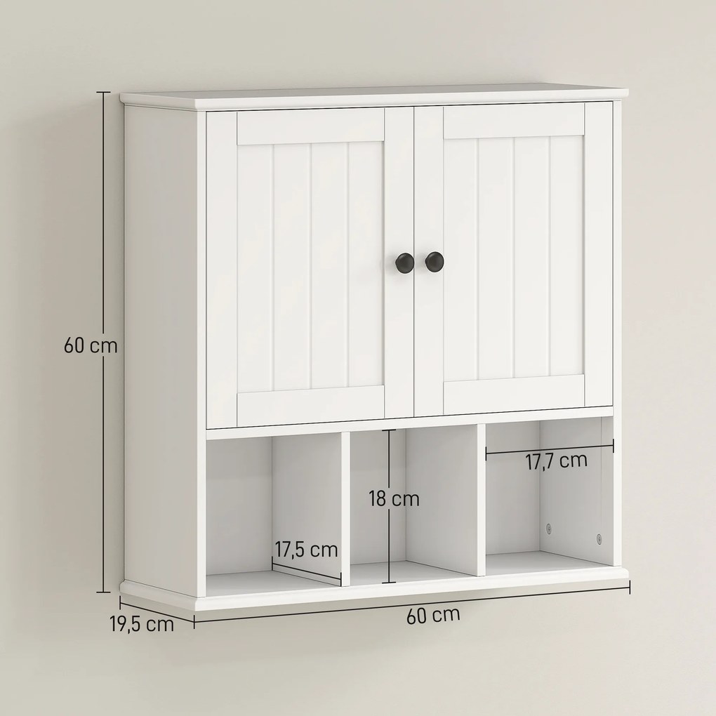 Armário de parede para casa de banho, móvel de arrumação com 2 portas, prateleira ajustável e compartimentos abertos, branco