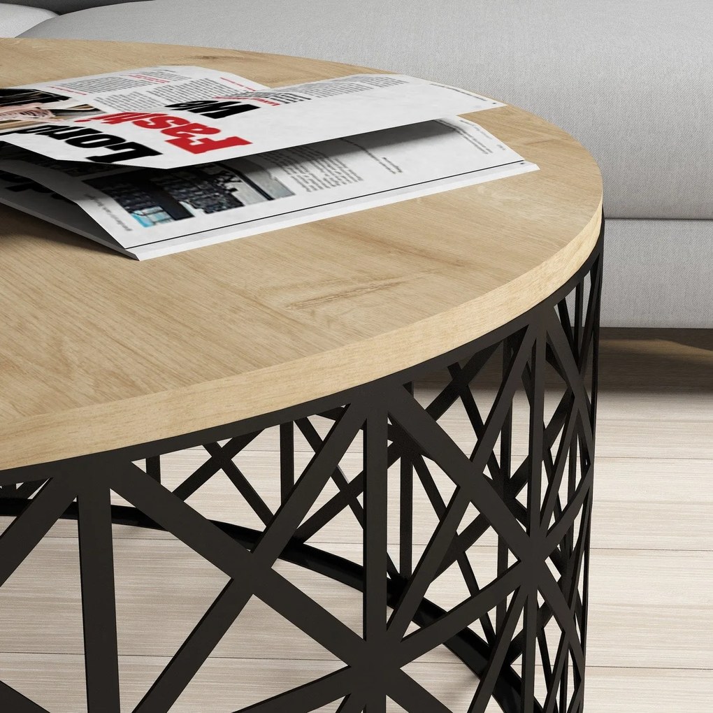 Mesa de Centro Selin Metal Ferforje – Carvalho e Preto – 90x90x38 cm