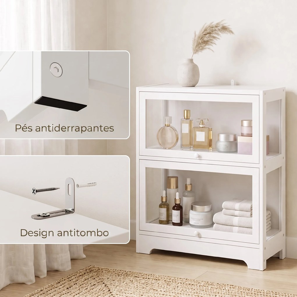 Vitrina Expositora para Coleções com 2 Níveis e Portas em Acrílico para Figuras, 59,5x30x73 cm, Branco