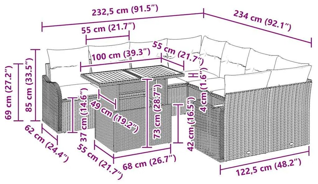 Conjunto de Sofá de Jardim com 9 peças e almofadas pretas em rattan si