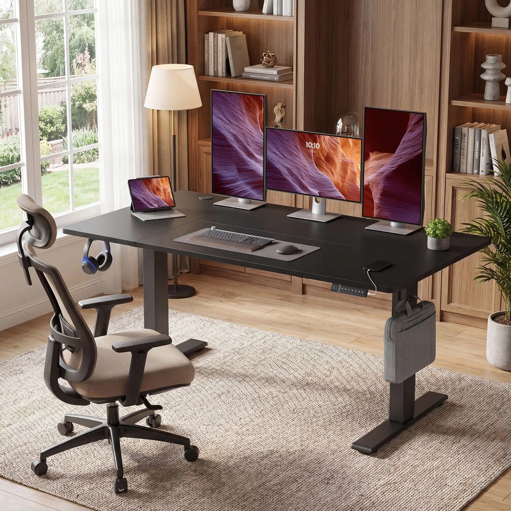 Secretária com regulação elétrica da altura 140 x 80 x (72-120) cm, secretária para trabalhar em pé com porta-cabos tipo C, preta
