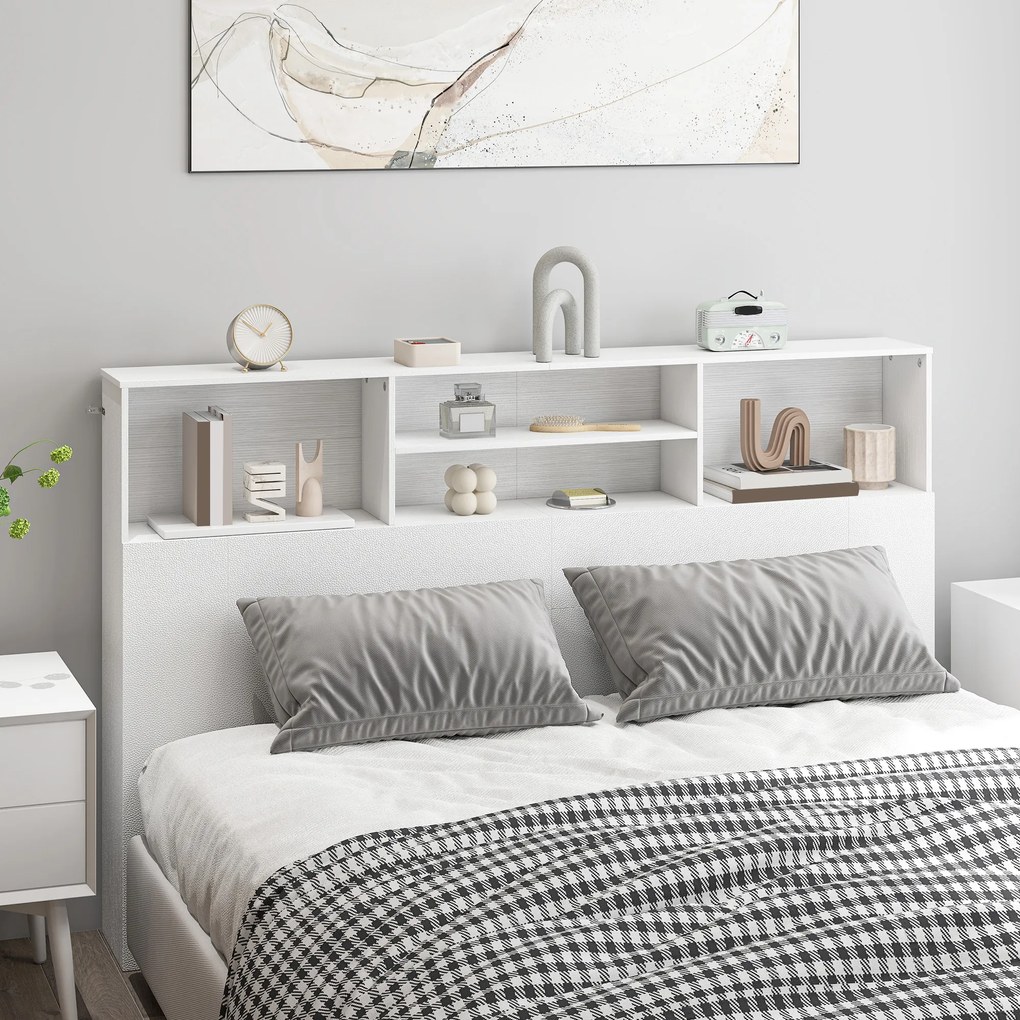 Cabeceira de cama com pés e espaço de arrumação 160 x 20,2 x 108,2 cm, acessório de cama com 4 compartimentos abertos, branco