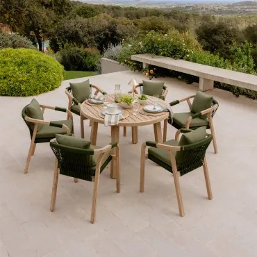 Conjunto De Mesa Redonda De 120 Cm E 6 Cadeiras De Jardim Com Braços Em Madeira De Acácia Do Dubai Verde Exército Claro & Castanho Acácia - Sklum