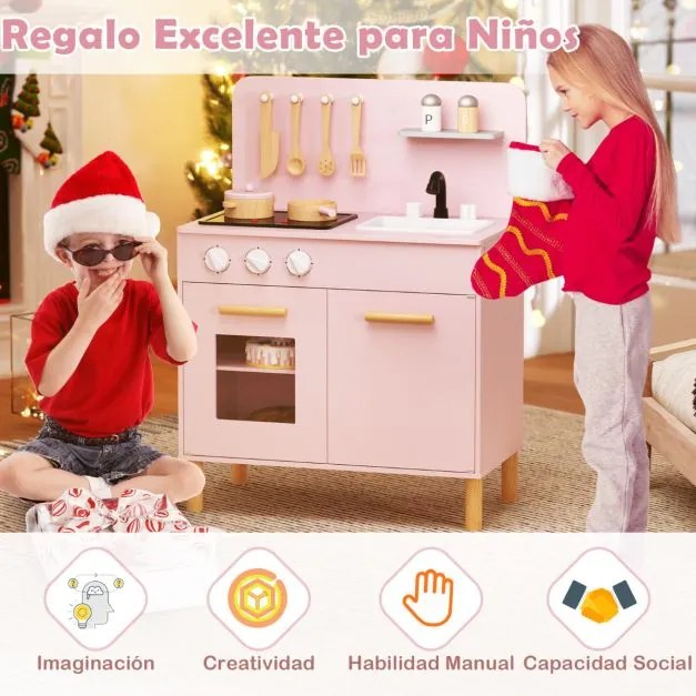 Conjunto de cozinha de brincar para crianças em madeira com luzes, sons, fogão, lava-loiça, forno e acessórios Cozinha para crianças Rosa