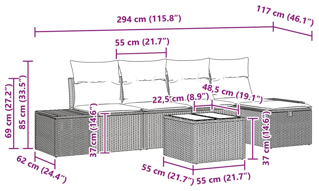 Conjunto de Sofá de 6 Peças com Almofadas Cinzas em Rattan