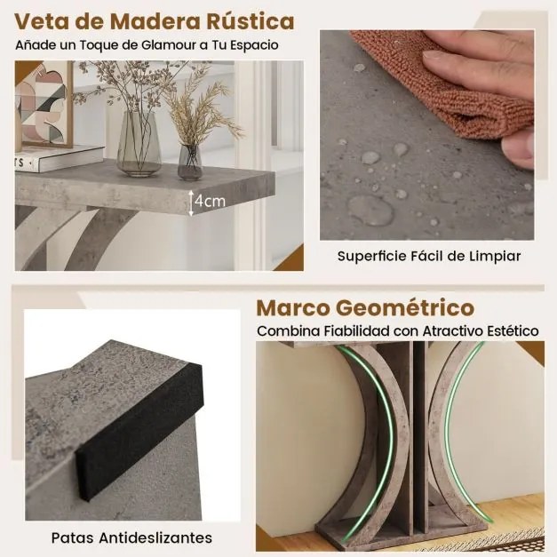 Mesa Consola 100 x 29,5 x 80 cm com Estrutura Geométrica para Entrada, Hall, Sala, Corredor Cinzenta