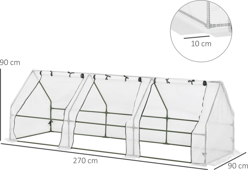 Mini-estufa de jardim, mini-estufa em túnel, 270 L x 90 L x 90 A cm, telhado pontiagudo, aço, PE de alta densidade 140 g/m², proteção anti-UV, janelas