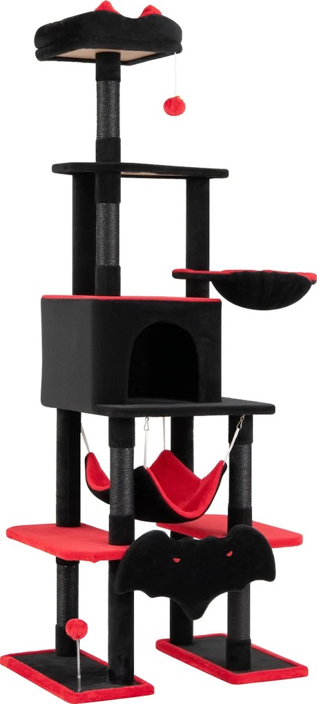 Árvore Rascadora Gótica para Gatos, 73 x 50 x 178 cm, 6 Postes de Sisal, Vermelho+Preto