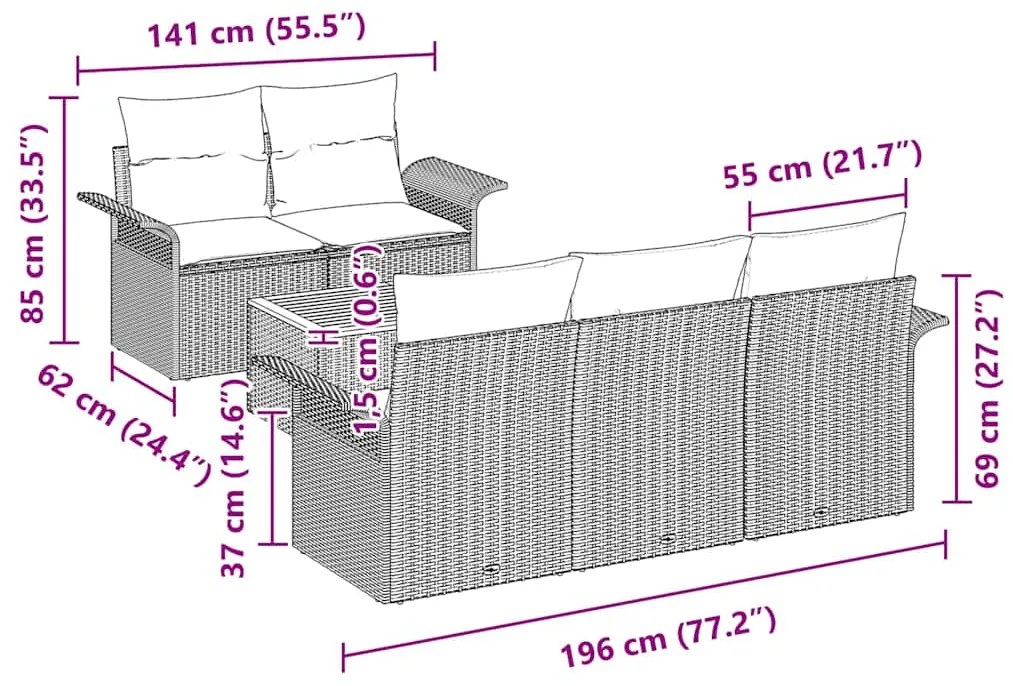 Conjunto de Sofá de Jardim de 6 Peças com Almofadas Cinza de Rattan Si