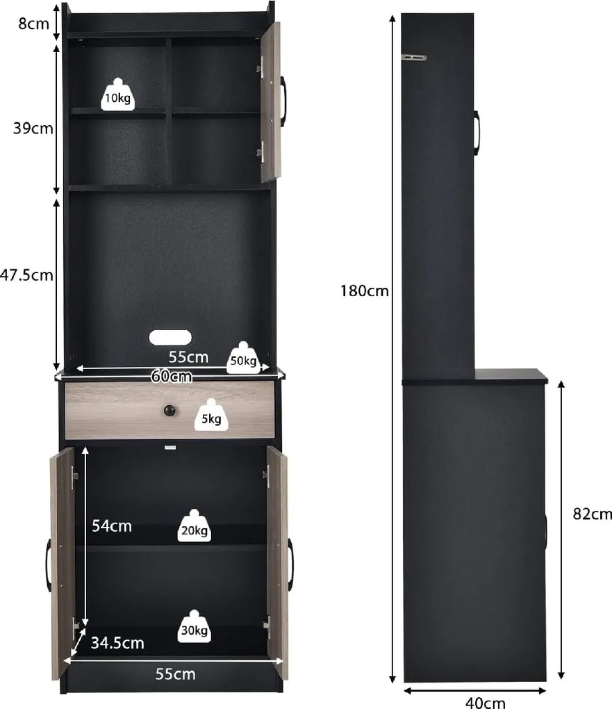 Armário de cozinha alto 60 x 40 x 180 cm, com 2 portas e gaveta, prateleiras ajustáveis e orifício para cabos, espaço para micro-ondas, Preto e castan