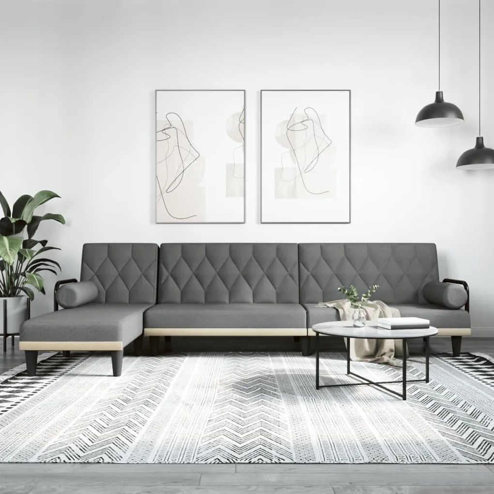 Sofá-cama em forma de L 260x140x70 cm tecido cinzento-escuro