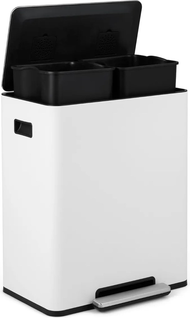 Cubo do lixo de 60 L para cozinha 54 x 34 x 67 cm com 2 compartimentos, tampa com pedal e alças laterais branco