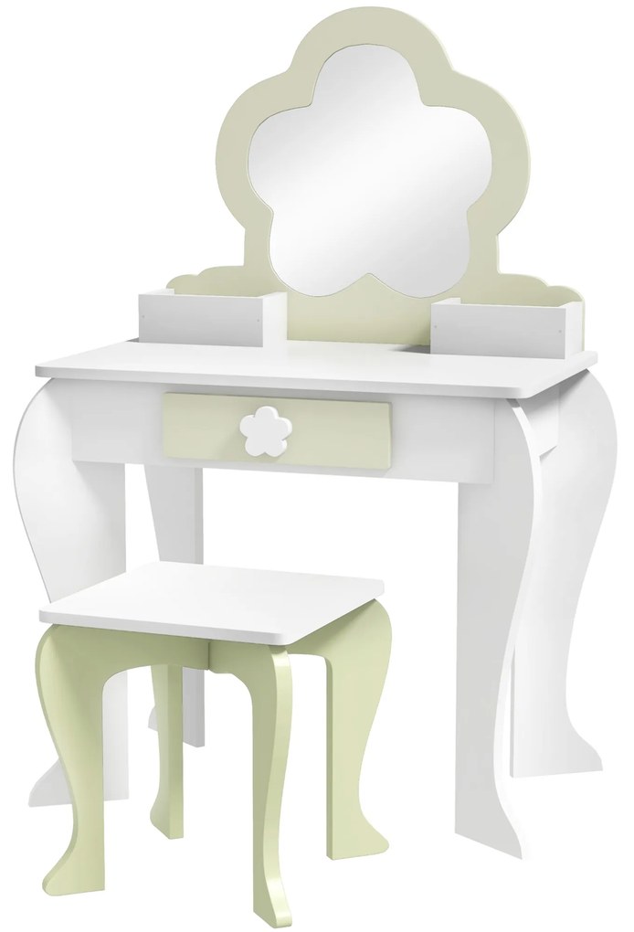 Toucador Crianças com Espelho e Banco Toucador de Maquilhagem para Crianças de 3-6 Anos 55x34x87,5 cm Branco e Verde Pastel