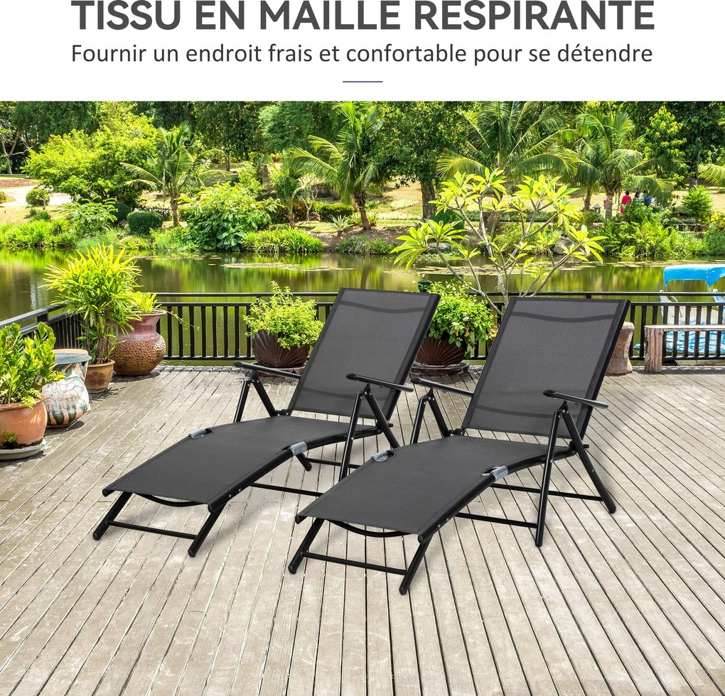 Conjunto de 2 espreguiçadeiras, espreguiçadeira dobrável, encosto ajustável em 7 posições, estrutura em alumínio, 64 x 134 x 95 cm, preto