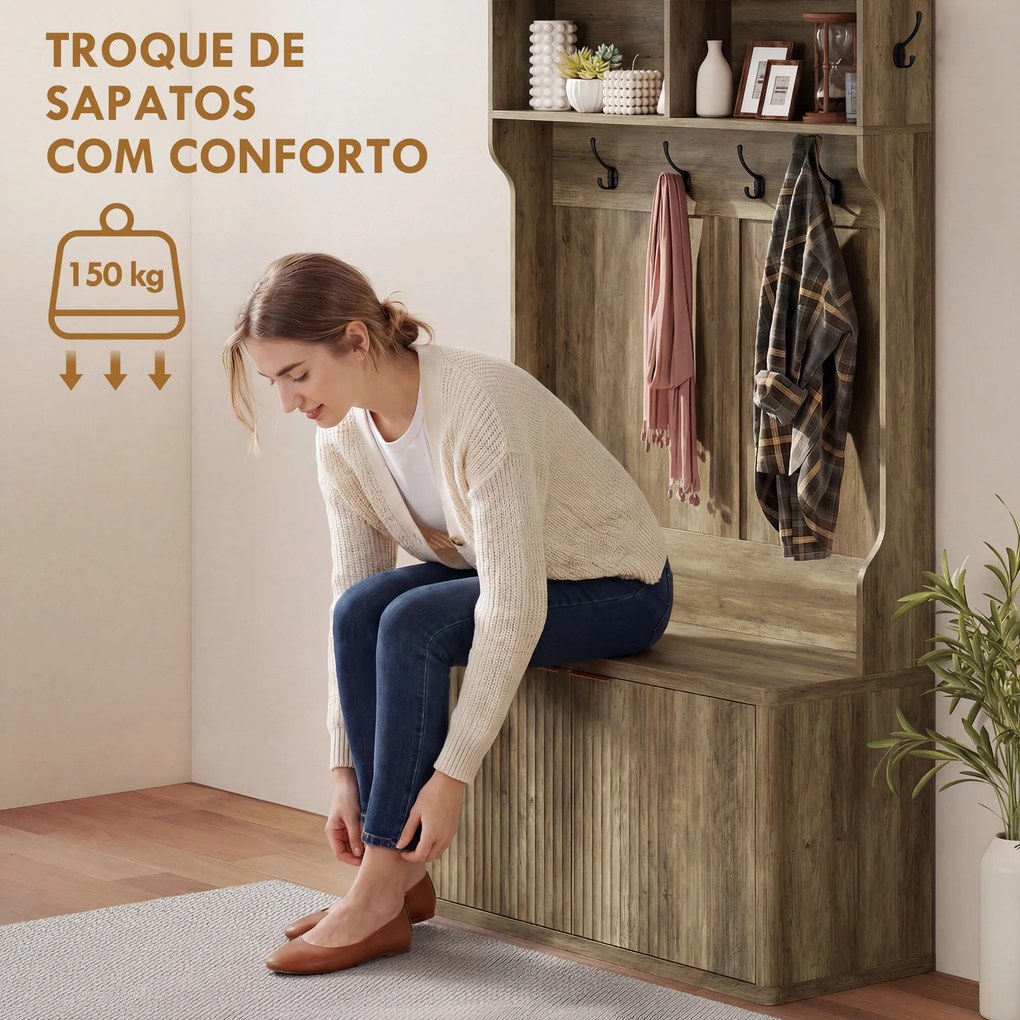 Móvel Cabide de Entrada com Sapateira Prateleiras Abertas e 6 Ganchos Estilo Moderno 100x38x172 cm Carvalho