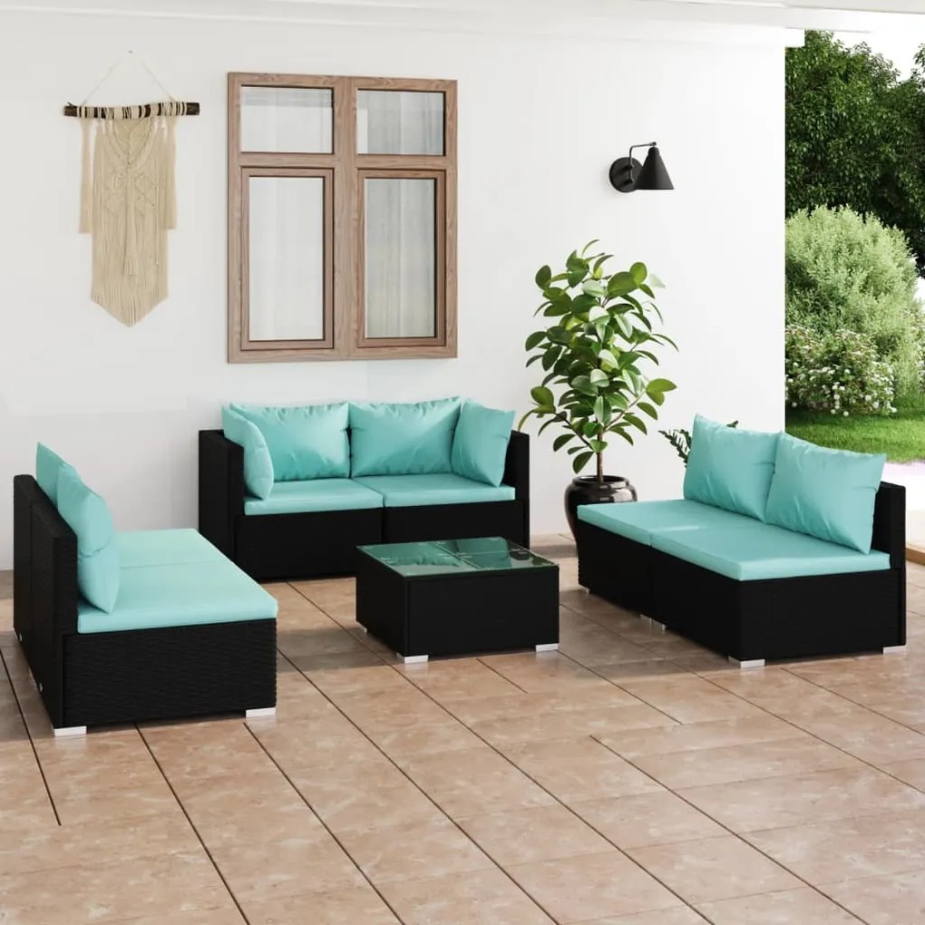 7 pcs conjunto lounge de jardim c/ almofadões vime PE preto