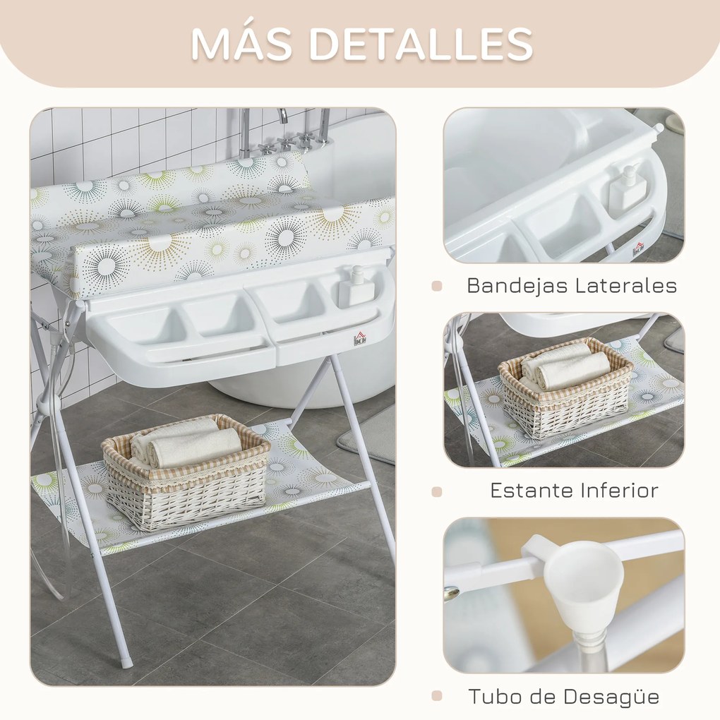 HOMCOM Banheira e Trocador de Fraldas 2 em 1 para Bebés 0-12 Meses Banheira Dobrável com Múltiples Espaços de Armazenamento e Prateleira Inferior Carga máx. 15kg 80x70x95cm Branco