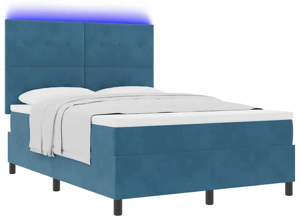 Camas Box com Colchão e LED Azul Escuro 140x190 cm Veludo