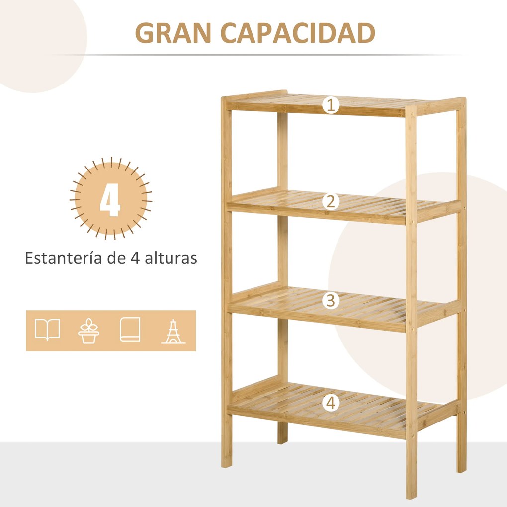 Estante de Bambú de 4 Níveis Móvel Organizador Multifuncional para Casa de Banho Cozinha Sala de Estar com Dispositivo Anti-Rolamento 62x33x112cn Natu