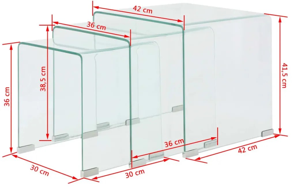 Conjunto mesas de encastrar 3 pcs vidro temperado transparente