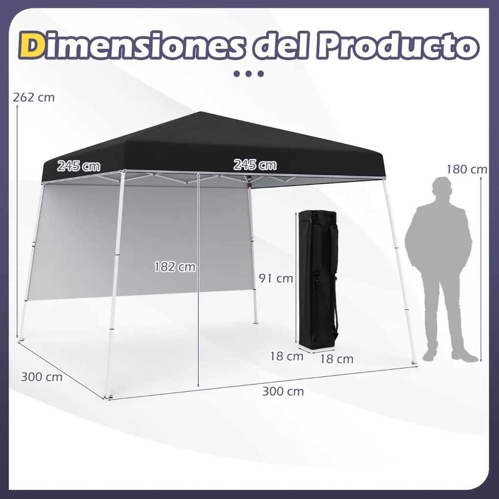 Tenda 300 x 300 cm Pop Up Dobrável com 1 Parede Lateral Com Saco, jardim, campismo, feiras, eventos com Estrutura Metálica Preta