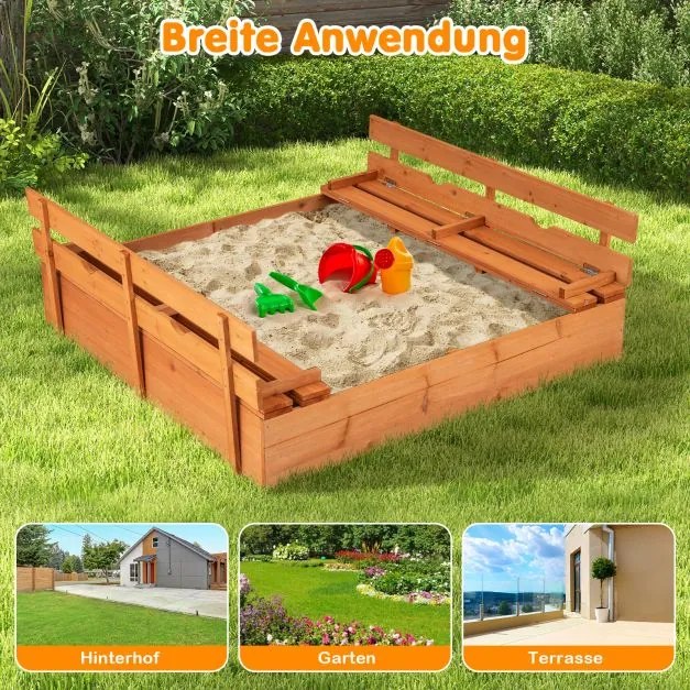 Caixa de areia para crianças com bancos de madeira, tampa e feltro para o chão, 120 x 120 cm Natural