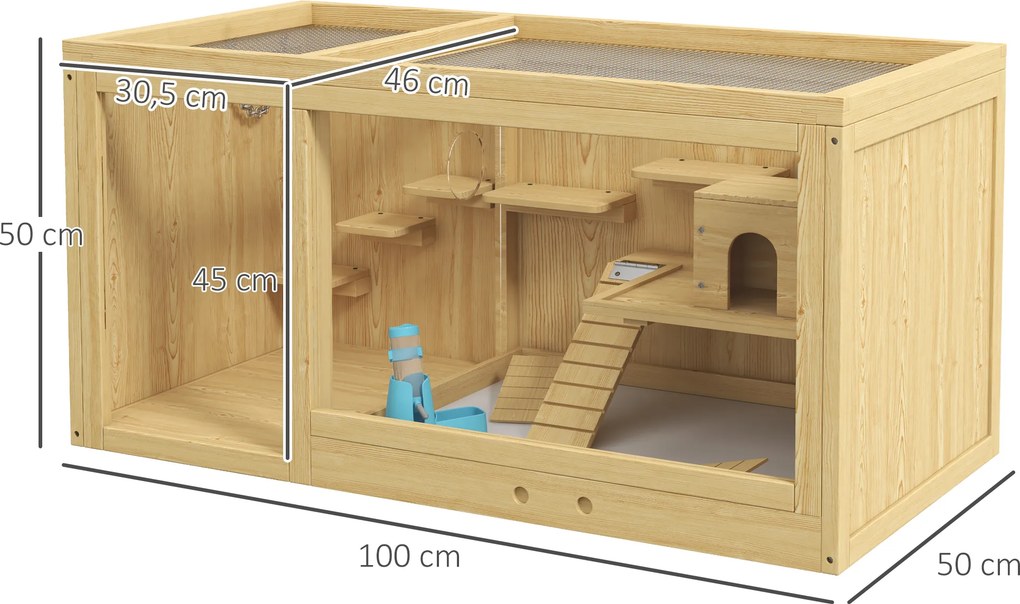 Gaiola para Hamster de Vários Níveis, 100 x 50 x 50 cm, Tabuleiro Amovível, Cor Natural