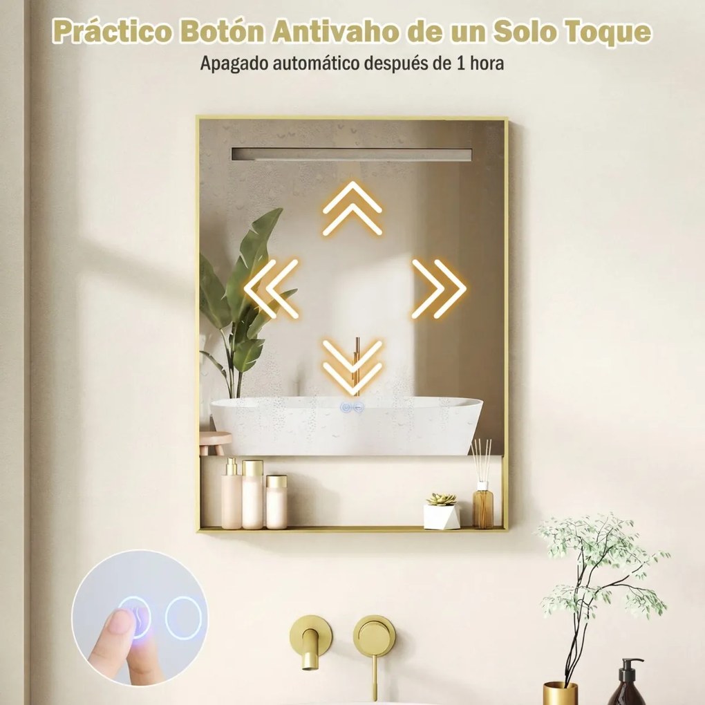 Espelho de casa de banho com LED 80 x 60 cm, função antiembaciamento, 3 cores de luz e brilho ajustável, moldura em alumínio com estante de parede, do