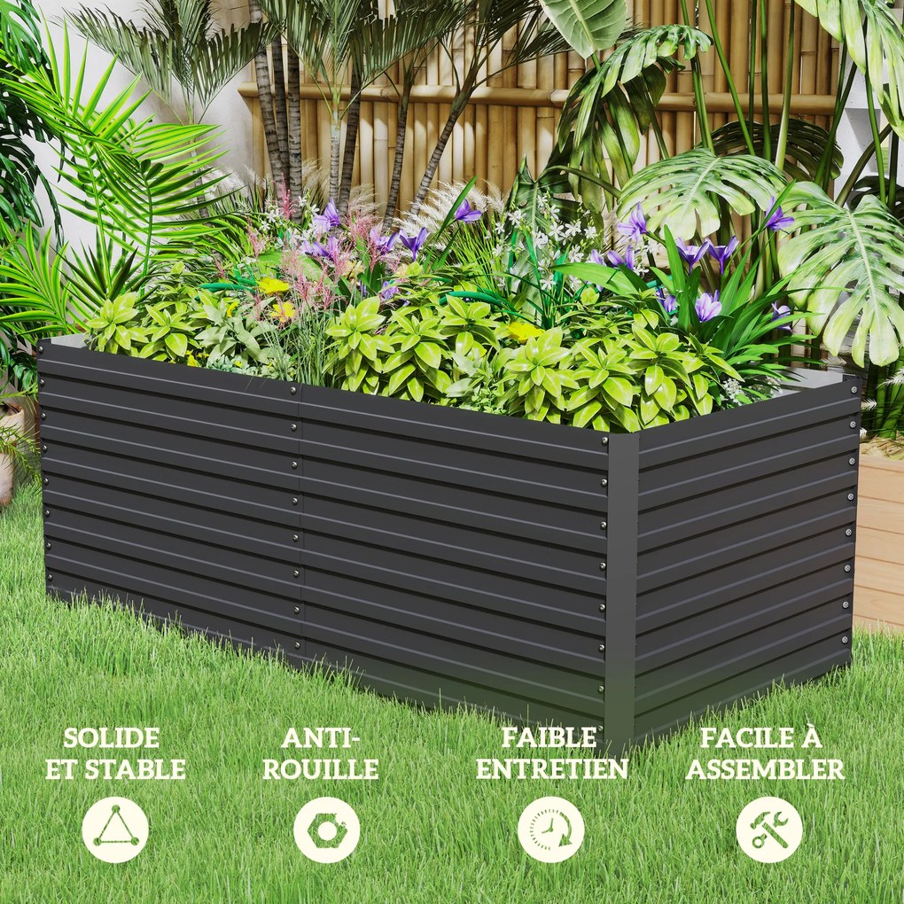 Floreira jardim 160 x 80 x 60 cm elevada galvanizada retangular para exterior - fundo aberto cinzenta