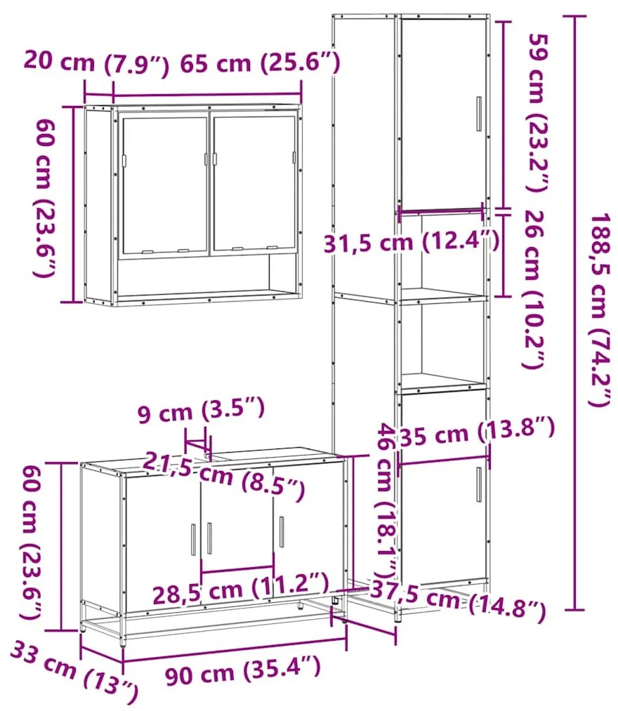 3 pcs Conjunto móveis casa de banho madeira proc. cinza sonoma