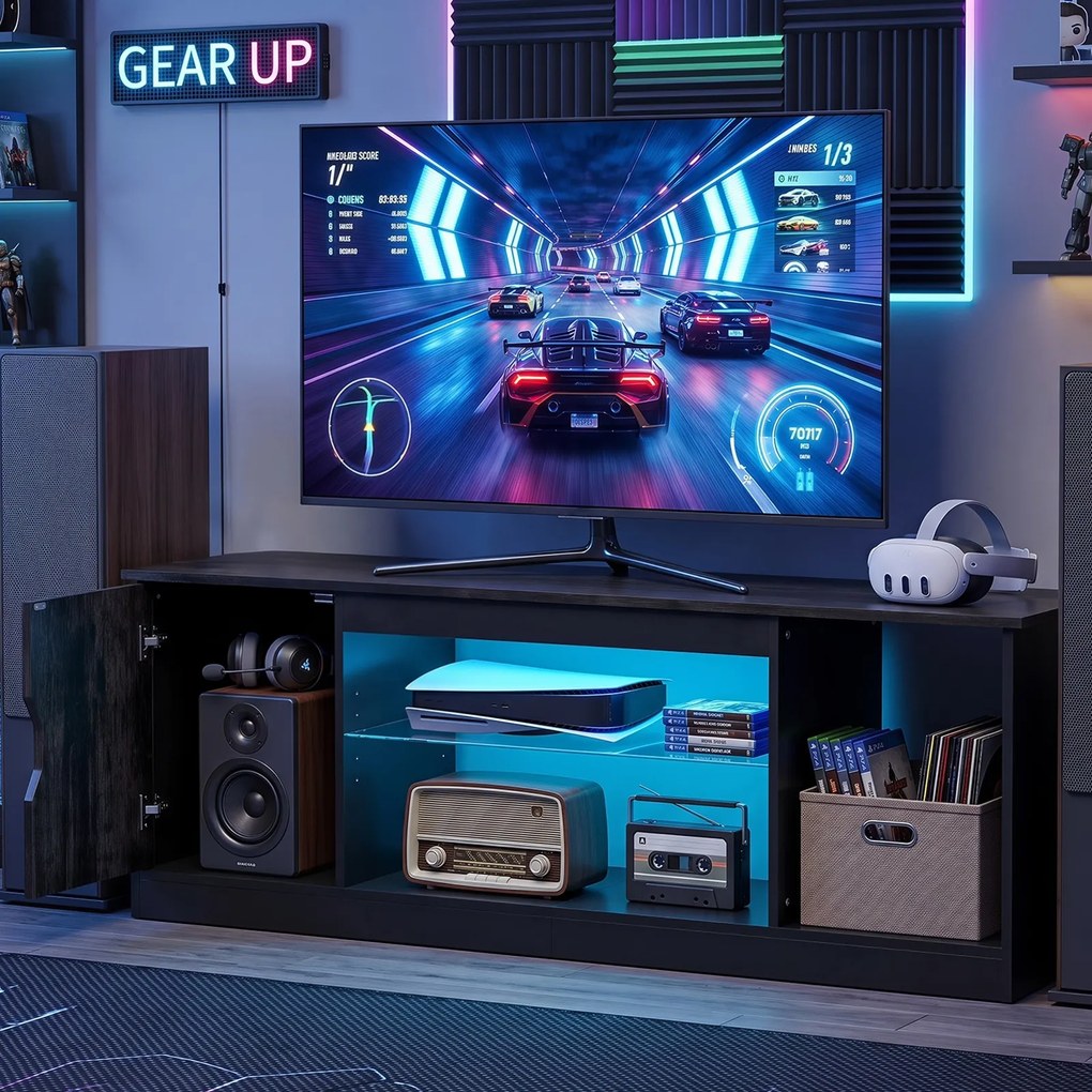 Móvel de TV, 148 x 35 x 52,5 cm, Iluminação LED Multicolor, Preto