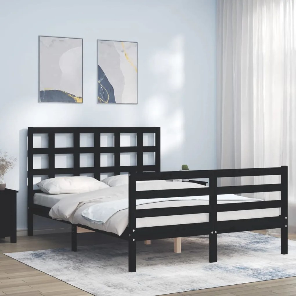 Estrutura de cama de casal c/ cabeceira madeira maciça preto